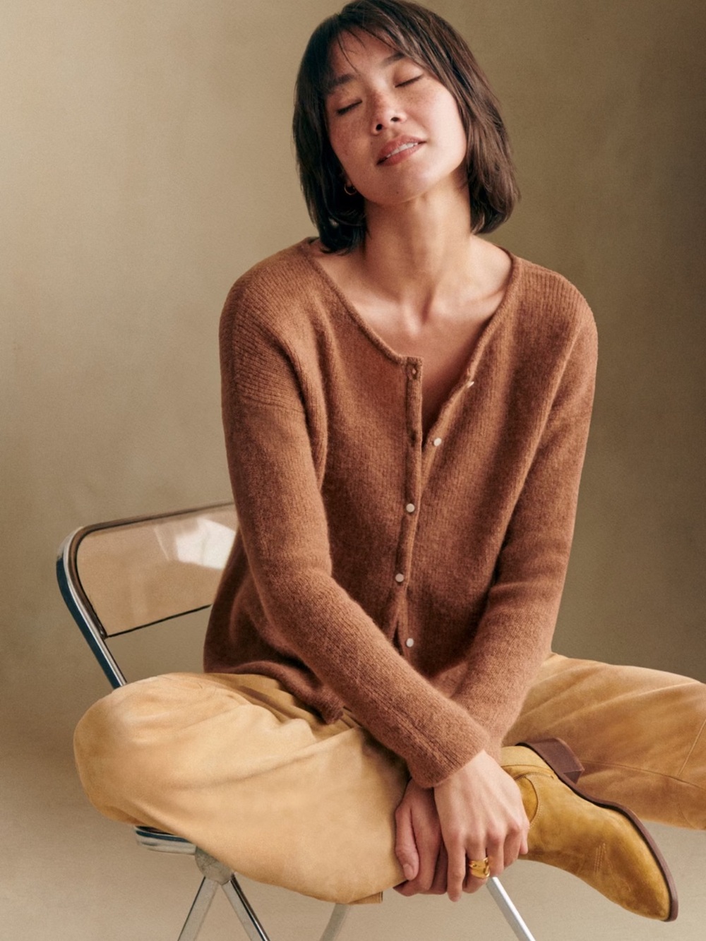 Sezane Gaspard Camel Button-Front Knit Cardigan